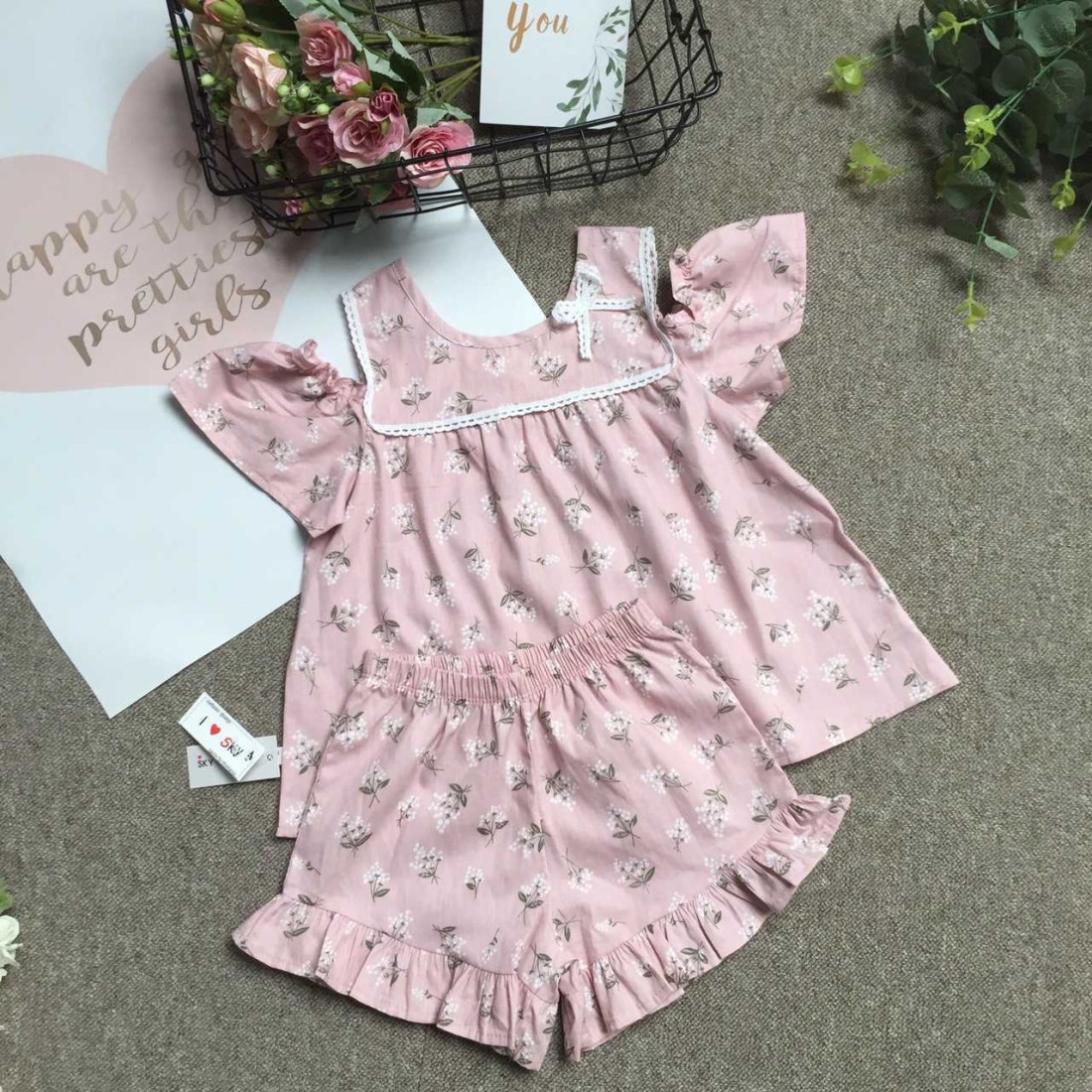 Bộ hoa thô bé gái tay trễ ngực ren size 4 -8-